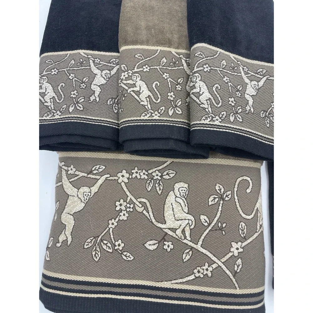 NOS Vintage Hampton Contessa‎ Manor Tapestry Monkeys Brown Towel Set of 6 NEW